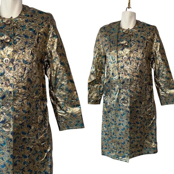 Vtg 60s Royal Topper Gold Blue Paisley Floral Jacket Size Small Plastic Rain - Picture 1 of 6